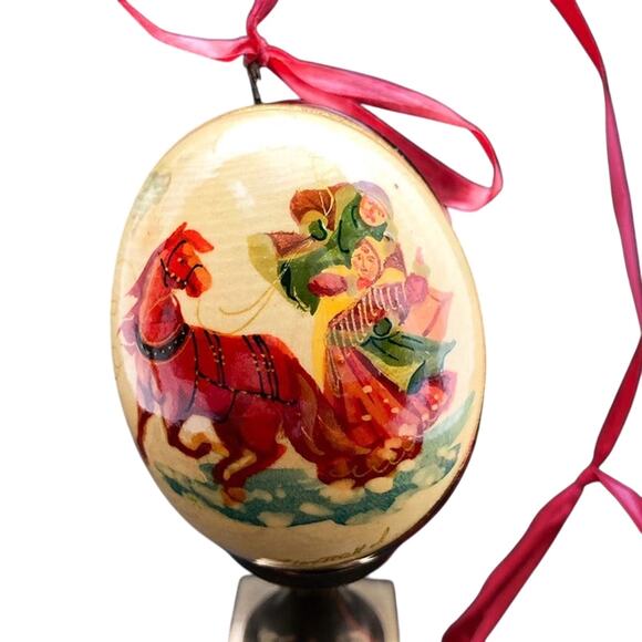 Unbranded Other - Vintage Hand Painted Black Lacquer Signed Wooden Egg Ornament with Slavik theme